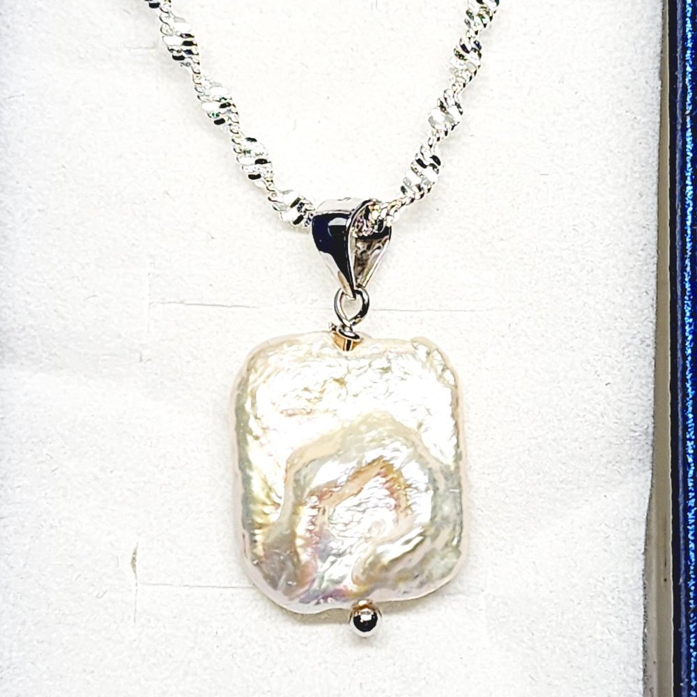 White Keshi Pearl pendant necklace in Rhodium over 925 Sterling Silver 20" chain